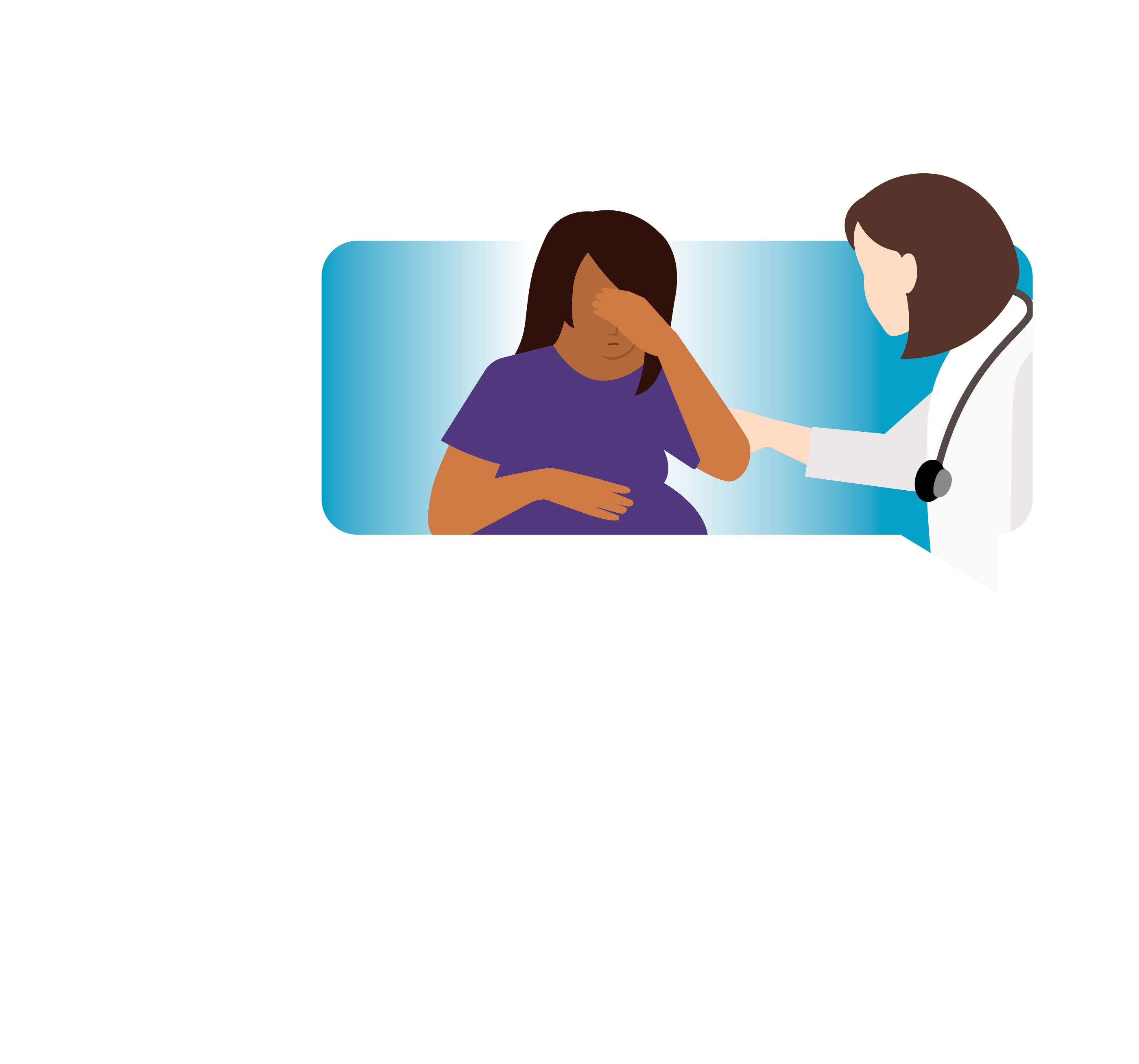 Illustration of two speech bubbles, each with different people inside them. Top: Pregnant woman looking down with one hand on her belly and the other over her face, with a medical professional touching her arm. Bottom: Mother holding and looking down at her baby with a smile.