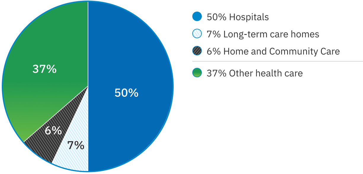 Pie graph shows distribution of complaints by type of Health Sector Organization. 50% are for hospitals, 7% are for long-term care homes, 6% are for home and Community Care, and 37% are for other health care.
