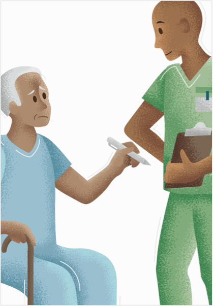 Homme âgé avec une expression déconcertée, signant un formulaire tenu par un membre du personnel de l’hôpital